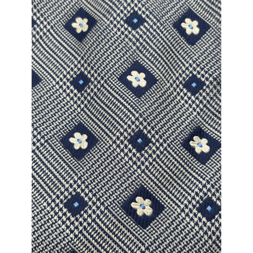 Lands' End Men's Silk Necktie Navy & Tan Glen Plaid Floral Geometric Classic Tie